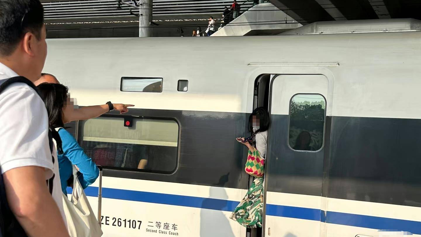 高铁启动时女子下车被门夹住，工作人员将其推回车厢