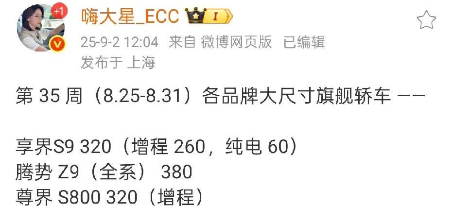 尊界S800的销量就快要追上腾势Z9了，且已追平享界S9了。

尊界S800