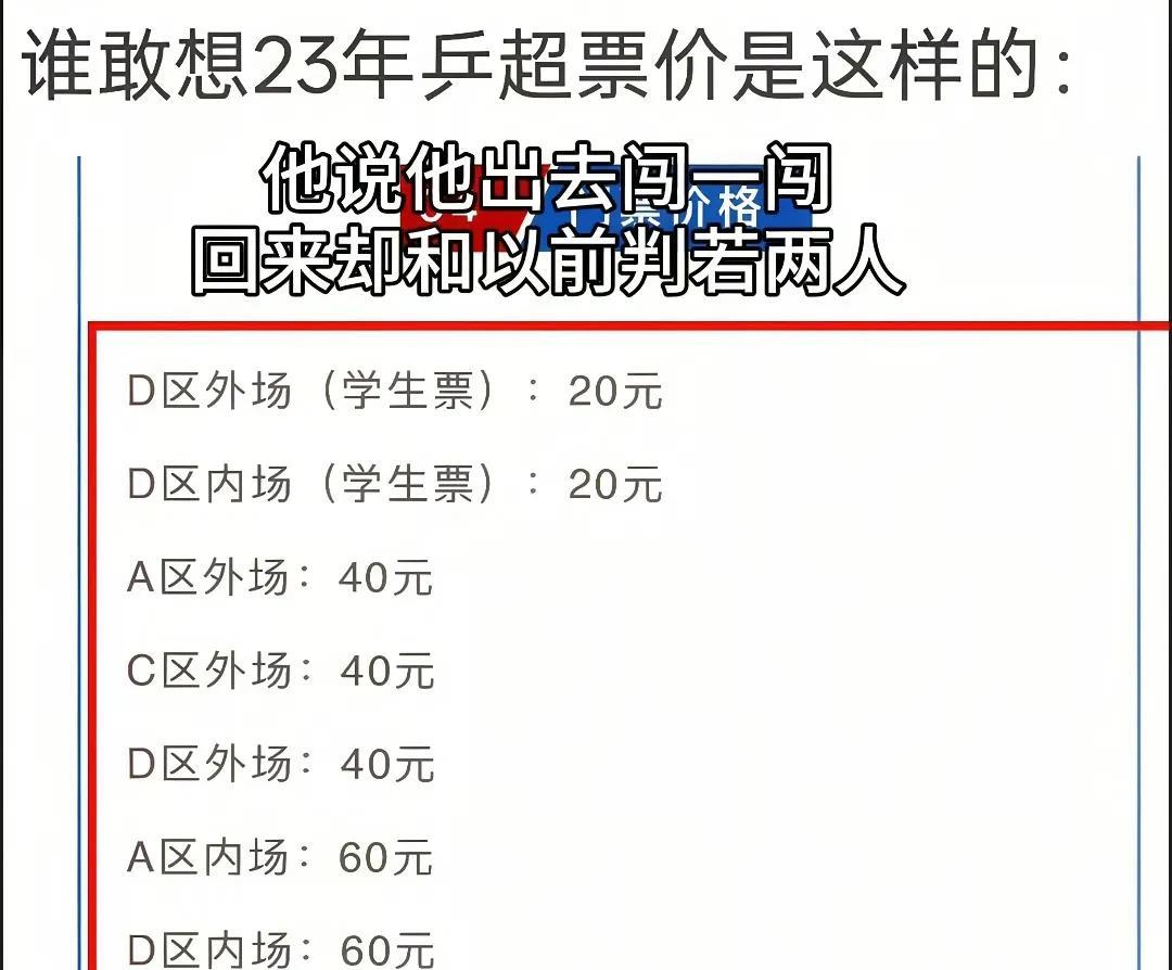 乒乓球火不火热看票价就有数了，网友们找到了23年乒超联赛时票价是40每位，还特别