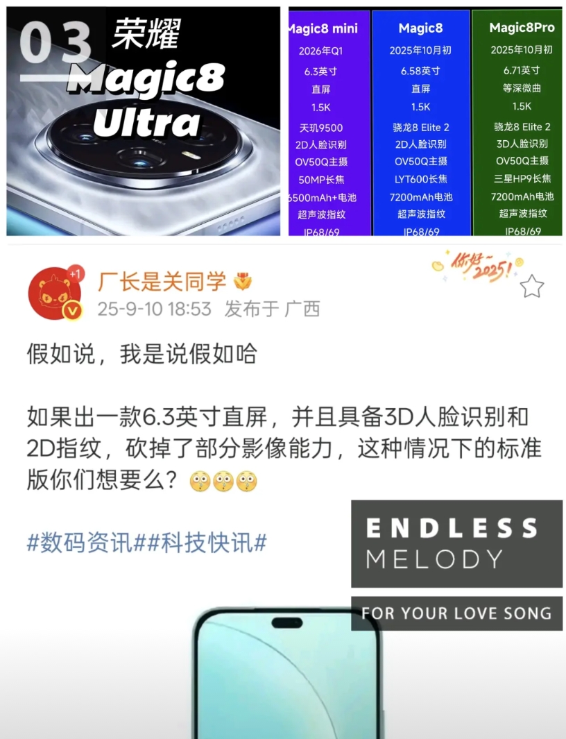 难道荣耀Magic8 mini要上3D人脸+2D指纹？
之爆料是不是有点太过了？
