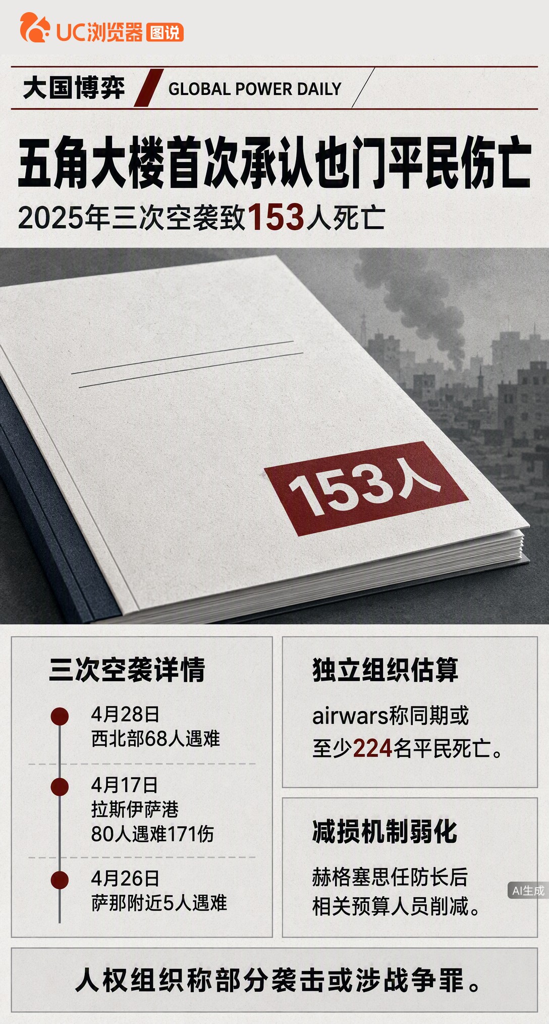 五角大楼首次正式承认，2025年对也门三次空袭致153名平民死亡。但这份报告没算海上袭击伤亡，独立机构统计的死亡人数也比这高出70多人。