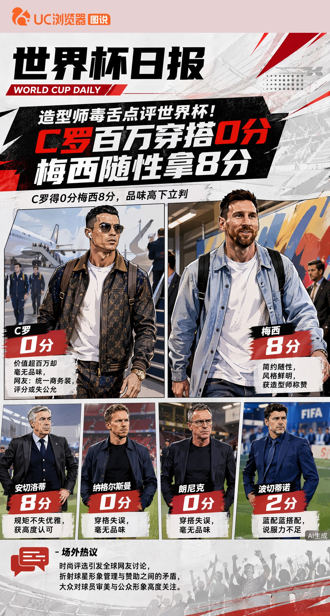 造型师毒舌点评世界杯！C罗百万穿搭0分，梅西随性拿8分