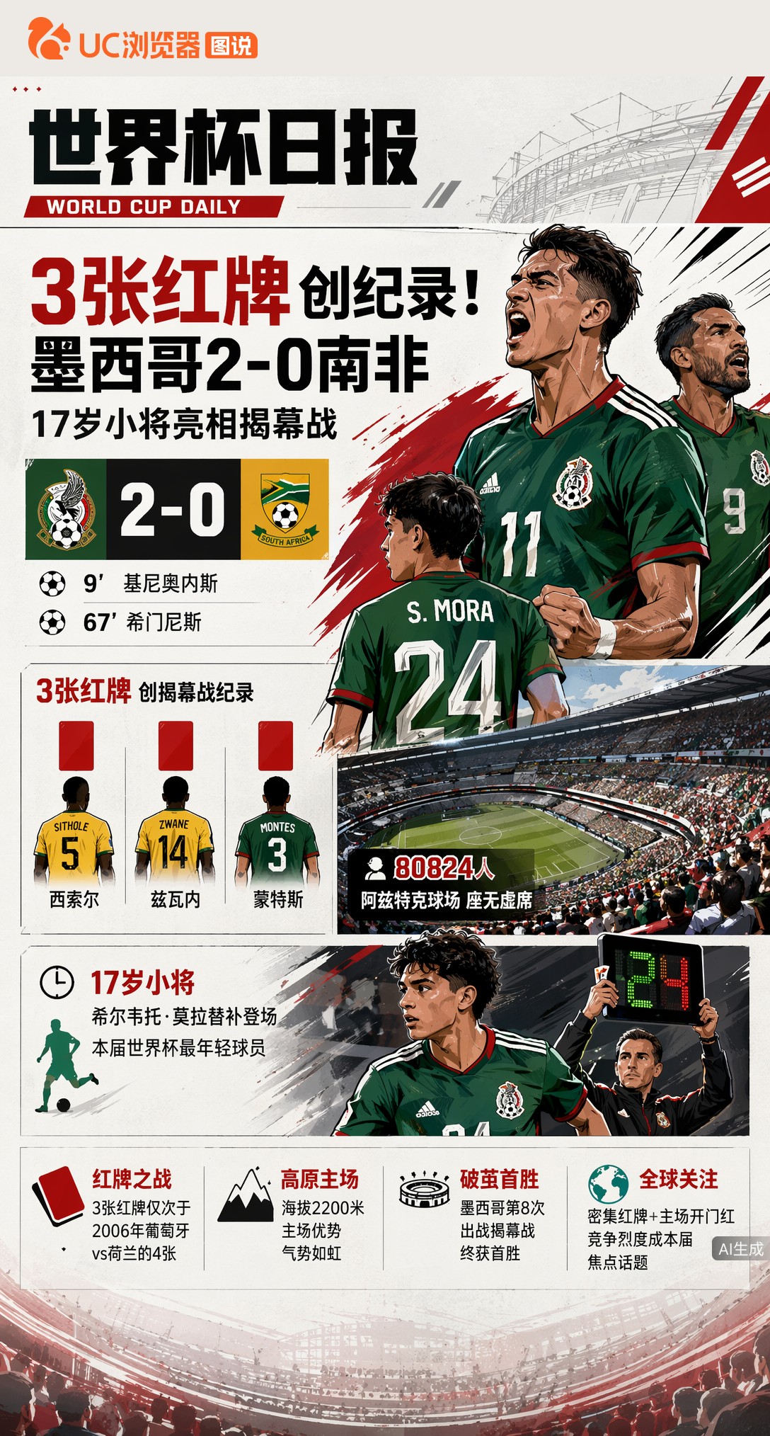 3张红牌创纪录！墨西哥2-0南非，17岁小将亮相揭幕战
