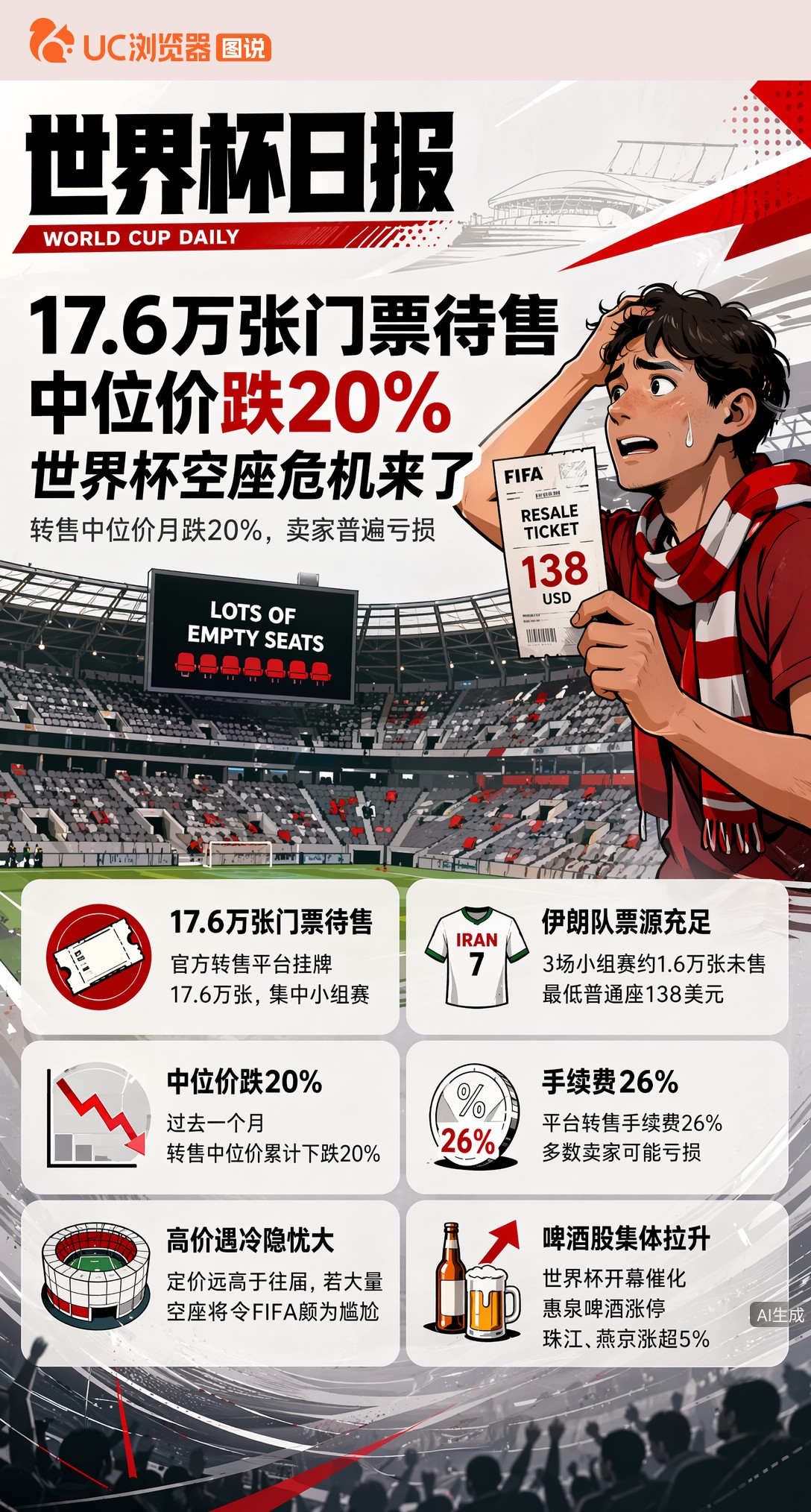 17.6万张门票待售、中位价跌20%，世界杯空座危机来了