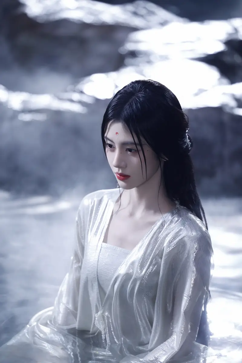 鞠婧祎着银纱古装水中出镜 湿发造型清冷出尘