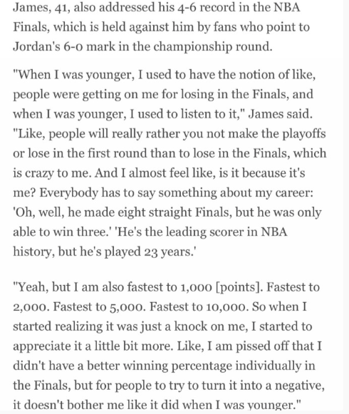 ESPN今日报道，詹姆斯谈到自己在总决赛中4胜6负的战绩——球迷们用这一点来攻击