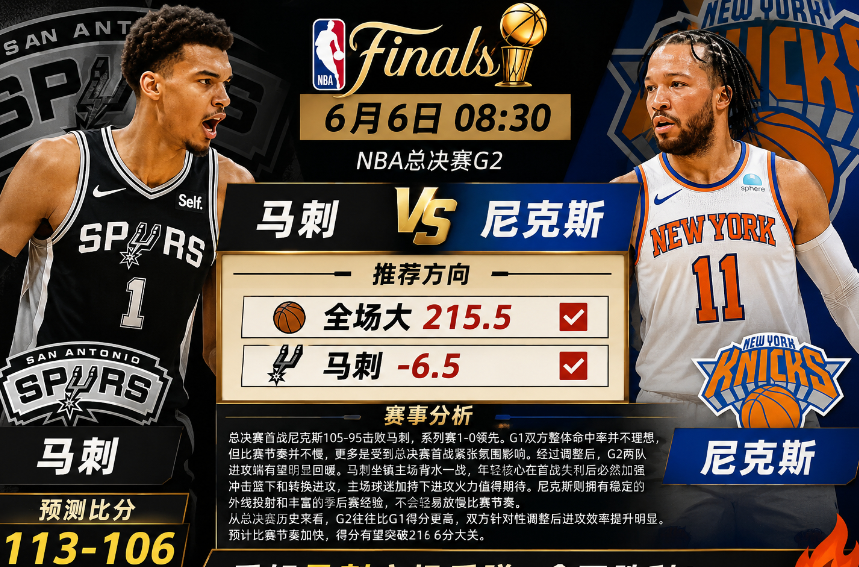 6月6日 NBA总决赛G2

马刺 VS 尼克斯

推荐方向：
✅ 全场大 21