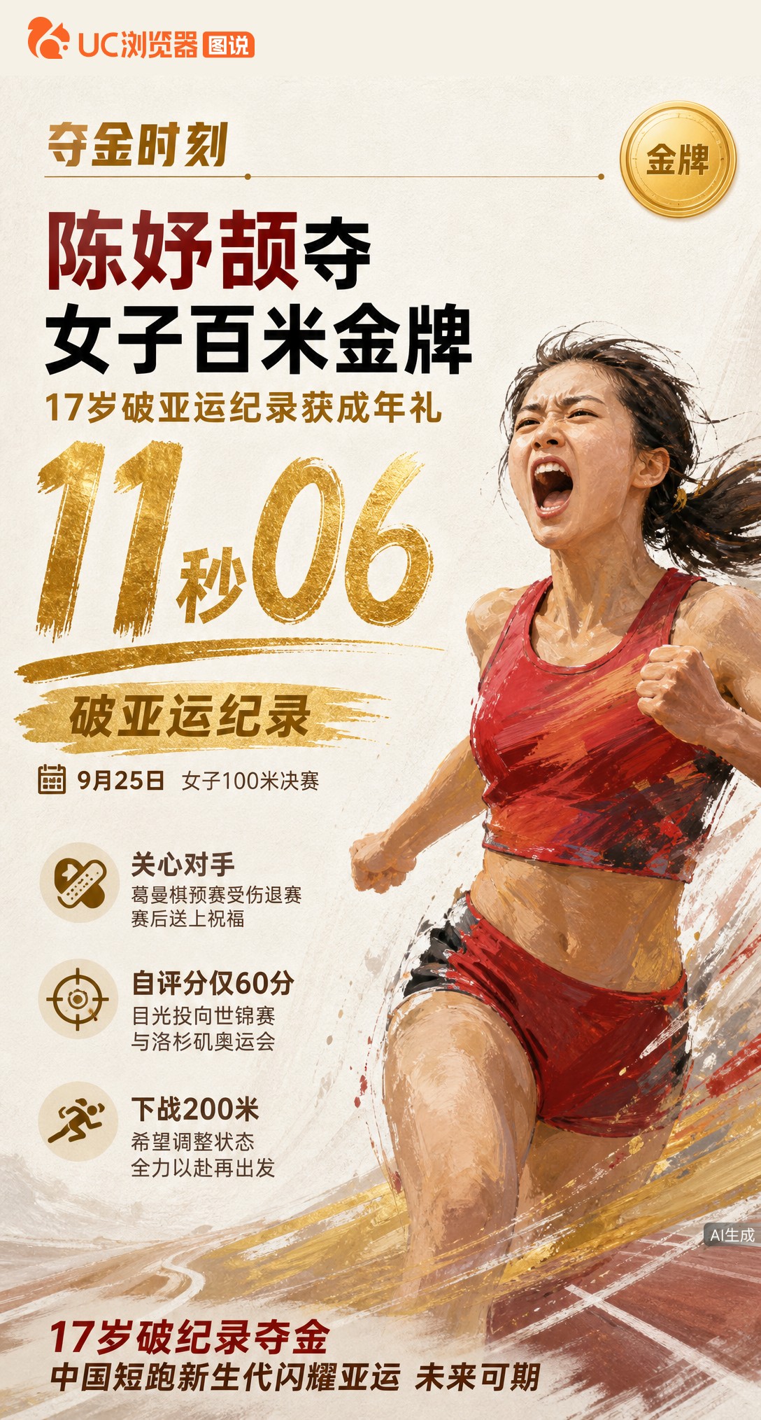 17岁陈妤颉11秒06破亚运纪录夺女子百米金牌！她把这块金牌当作成年礼，赛后却只给自己打60分。