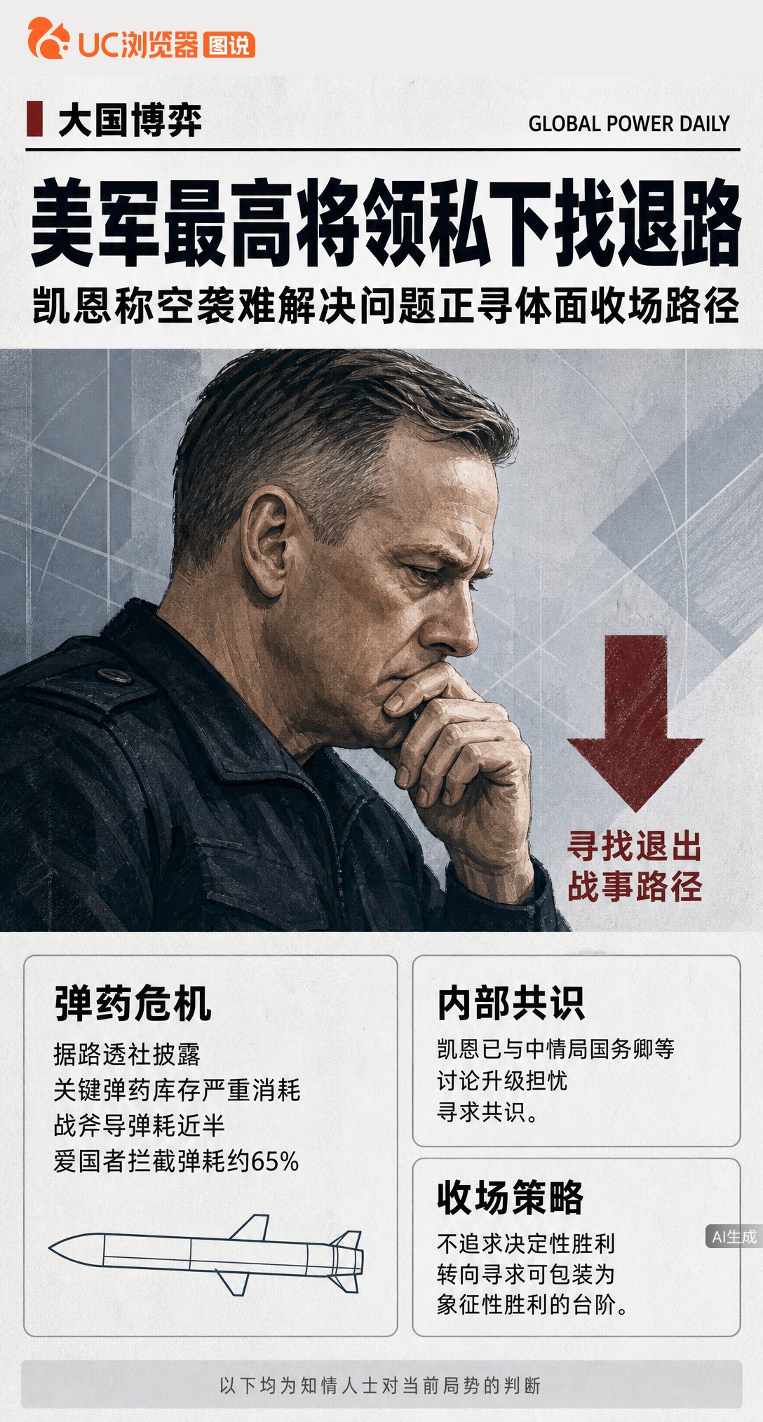 据CNN曝，美军最高将领凯恩私下找退路：空袭难奏效、弹药库存告急。他正游说高层，想帮特朗普找个能包装成“象征性胜利”的体面收场说法，而非追求决定性胜利。
