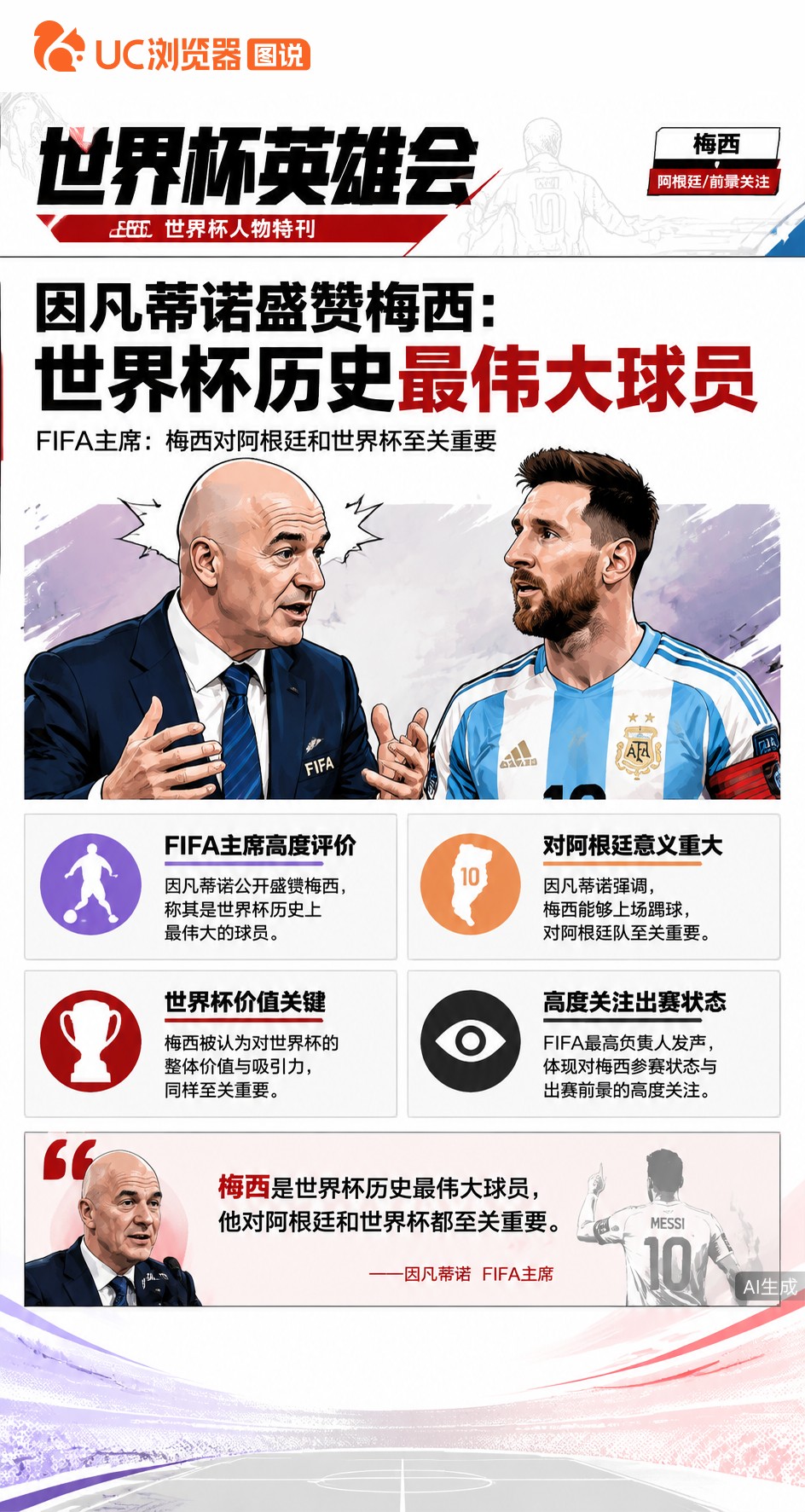 因凡蒂诺盛赞：梅西是世界杯历史最伟大球员