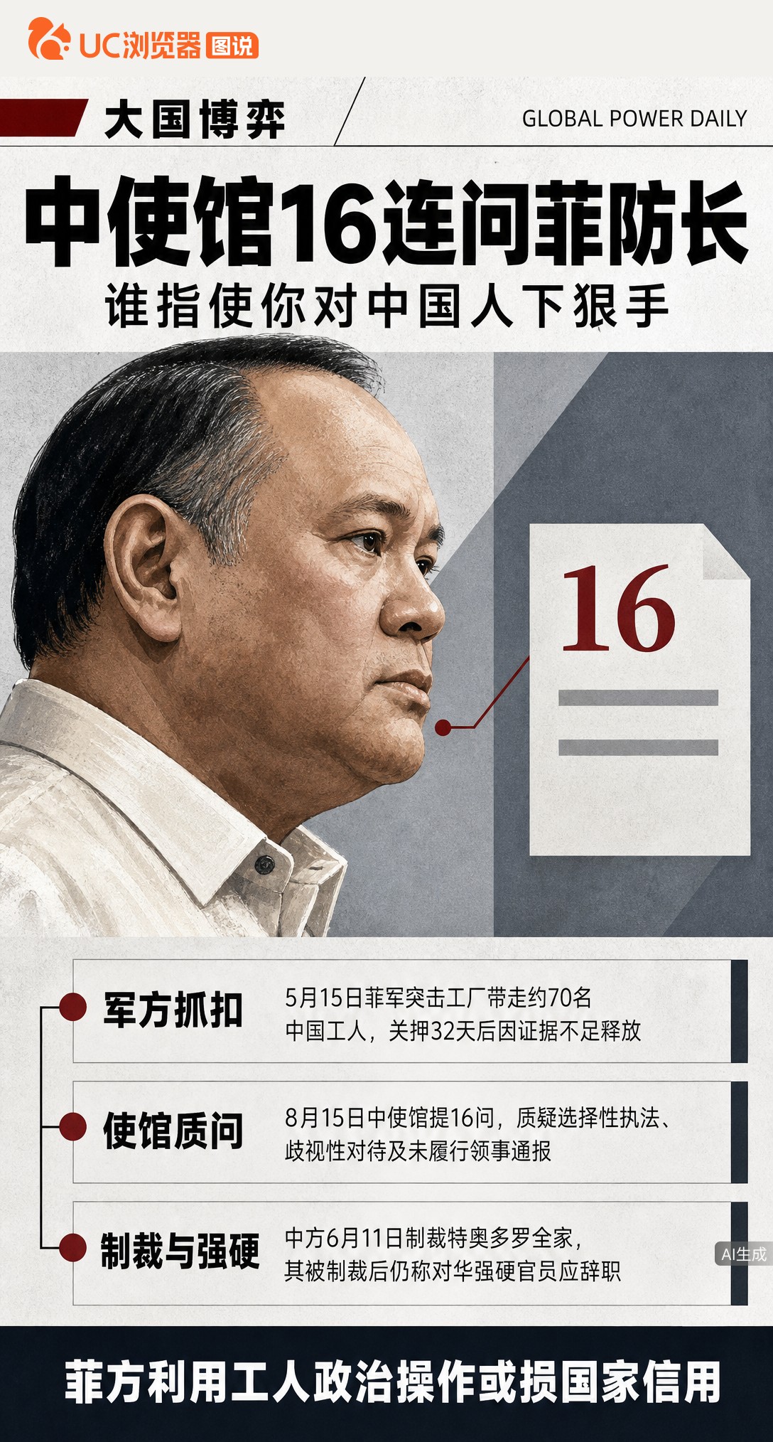 菲防长抓扣70名中国工人，结果证据不足全放了。中使馆16连问直指选择性执法，而总统刚喊完重置关系，防长次日就唱反调，这出红白脸背后是谁在操盘？