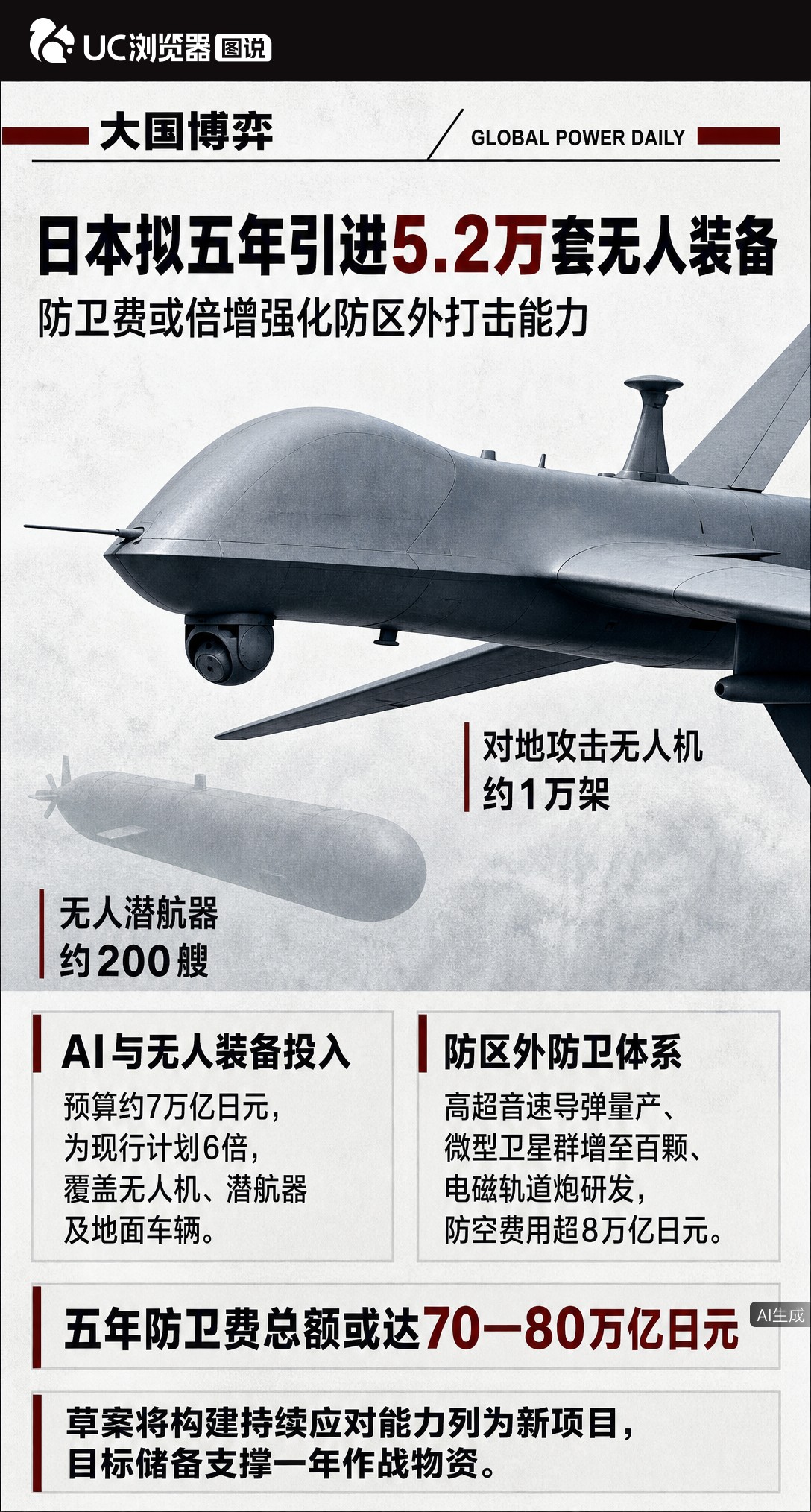 日本草案曝光：五年引进5.2万套无人装备，防卫费或飙至80万亿日元。钱从哪来还没着落，先引发地区军备竞赛担忧，这笔账怎么算？