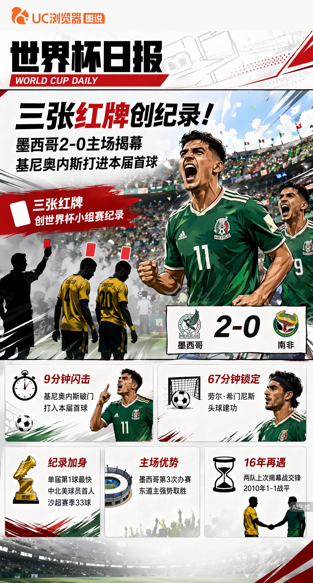 三张红牌创纪录！墨西哥2-0主场揭幕，基尼奥内斯打进本届首球