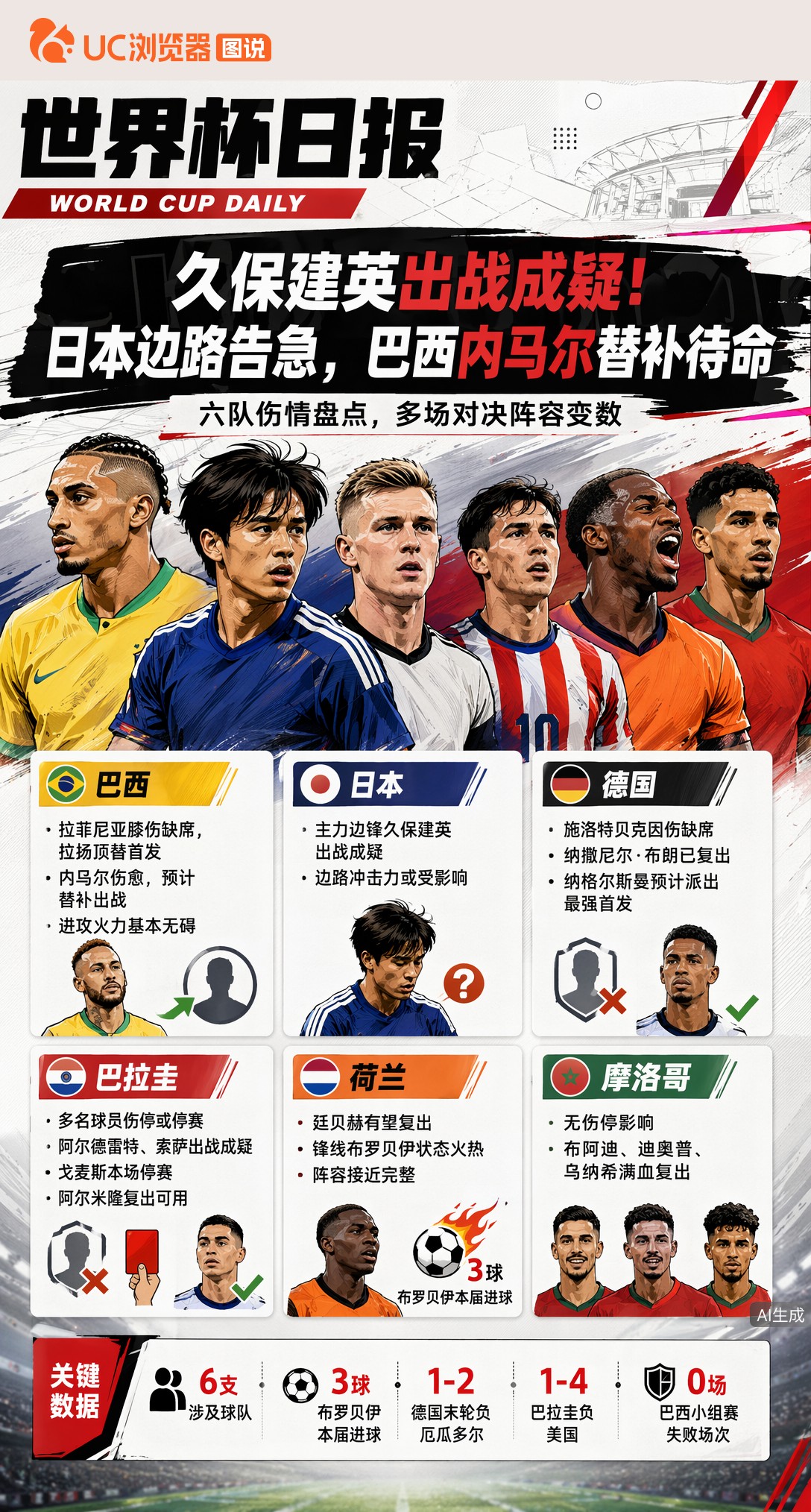 久保建英出战成疑！日本边路告急，巴西内马尔替补待命