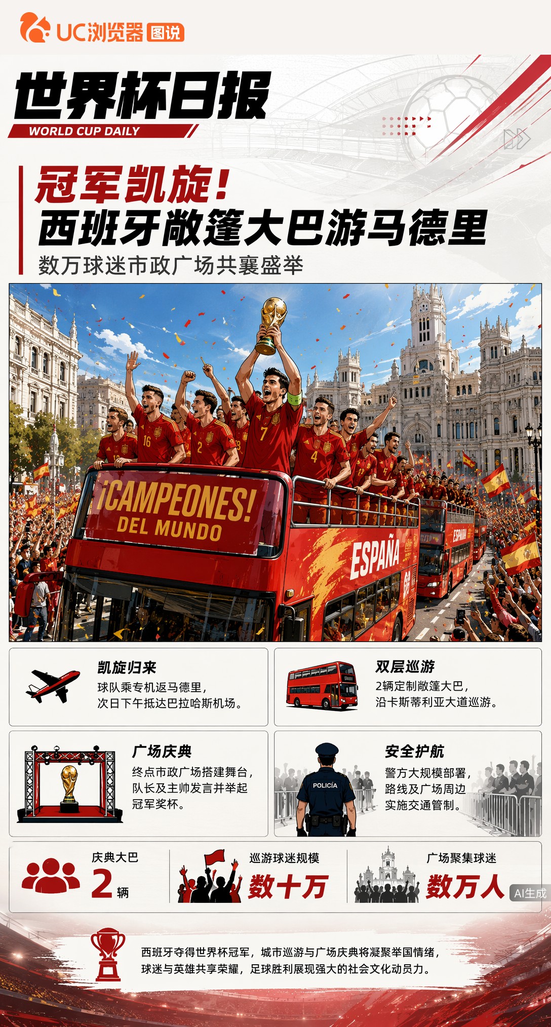 冠军凯旋！西班牙敞篷大巴游马德里，数万球迷市政广场共襄盛举