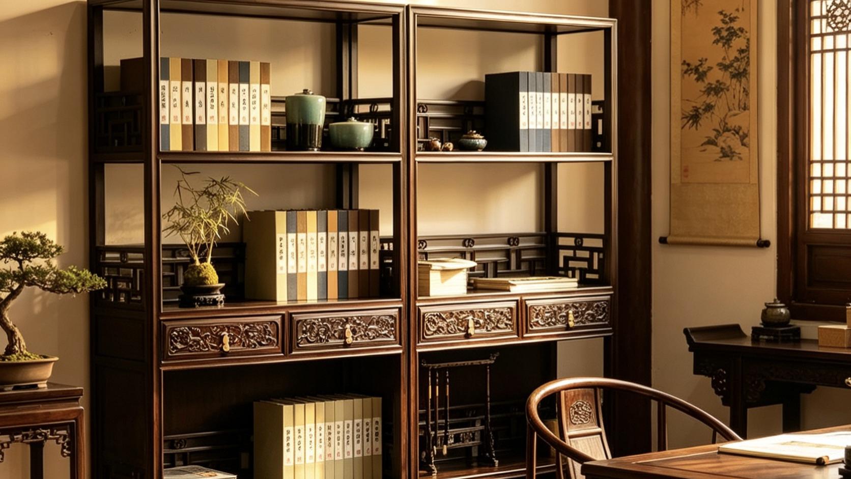 大红酸枝，王世襄款，夔龙纹书架