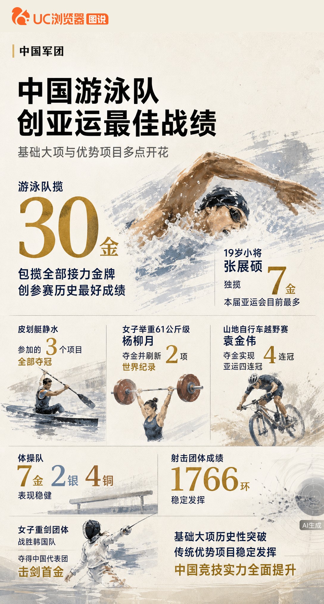 名古屋亚运中国军团多点开花：游泳狂揽30金包揽接力，19岁张展硕独得7金成夺金王；举重杨柳月刷新两项世界纪录，皮划艇、山地车、击剑也稳稳入账。