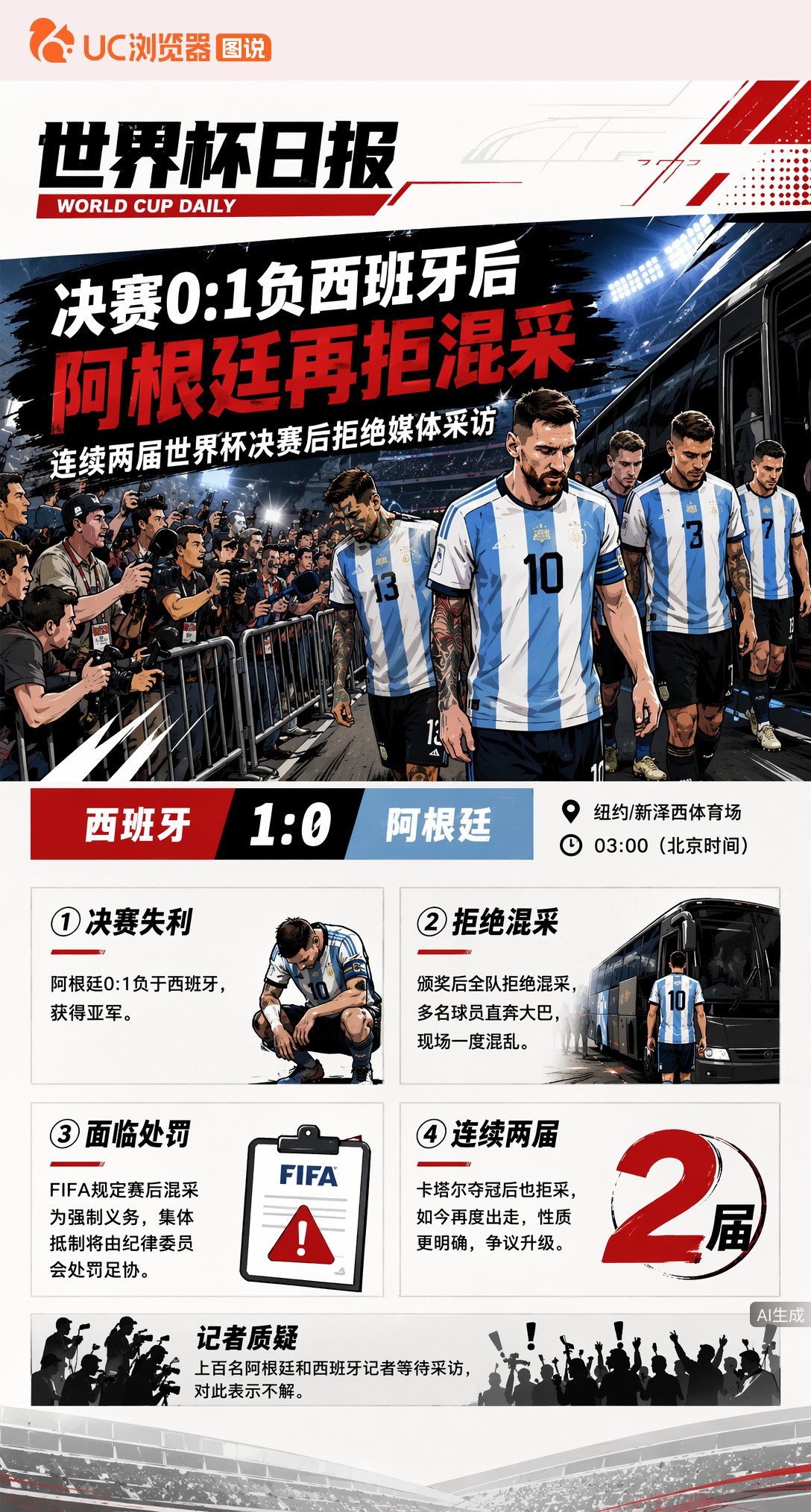 决赛0:1负西班牙后，阿根廷再度集体拒绝混采，面临FIFA处罚风险