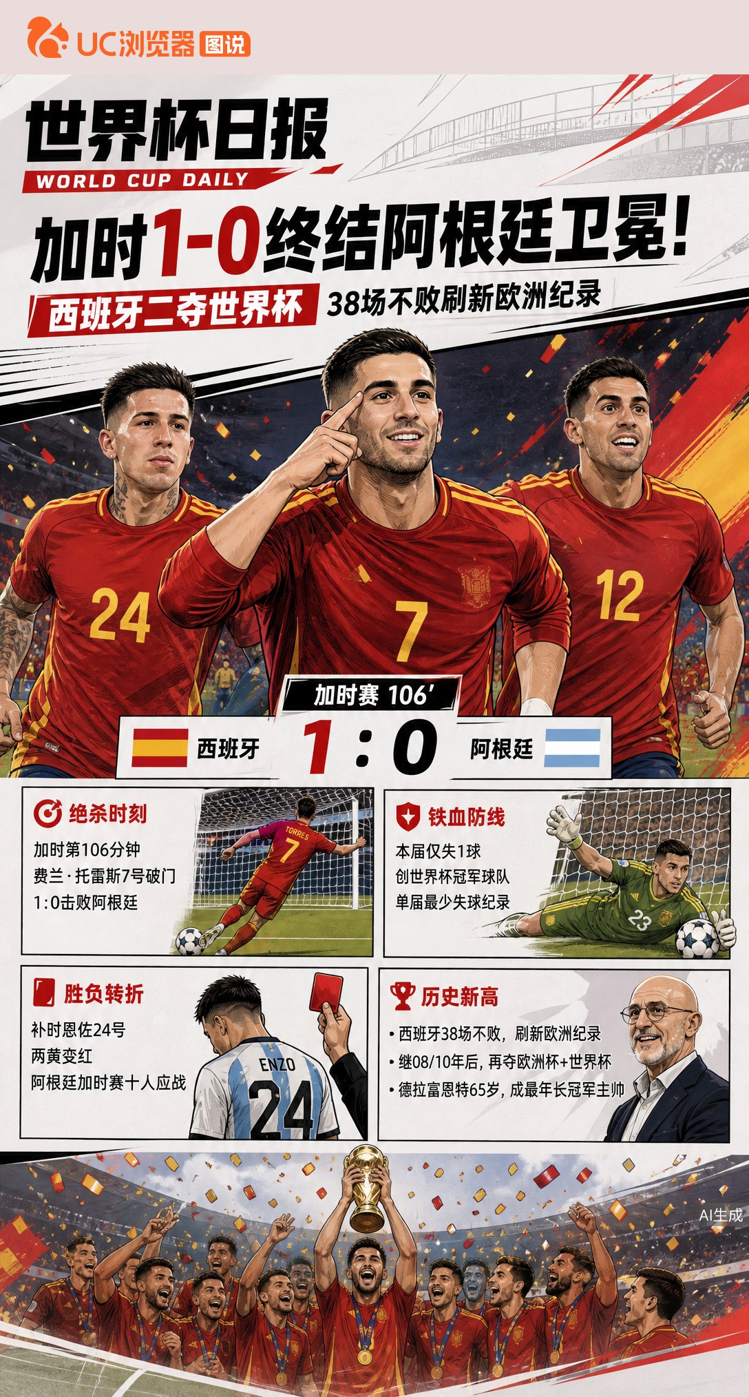 加时1-0终结阿根廷卫冕！西班牙二夺世界杯，38场不败刷新欧洲纪录