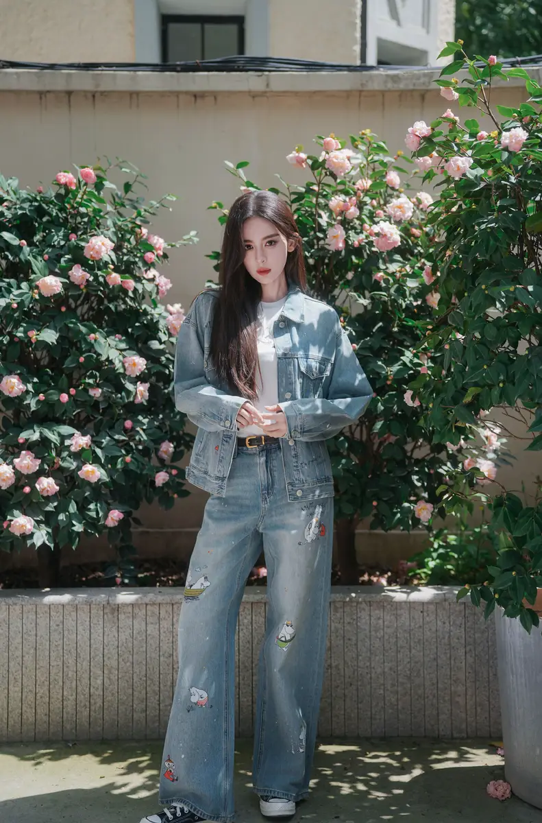 娜扎背粉色双肩包花前出镜 牛仔造型清新又灵动