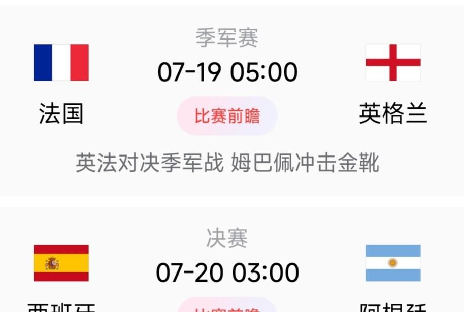 世界杯收官阶段赛事即将打响，季军赛与冠军决赛依次开赛：

7月19日凌晨5点