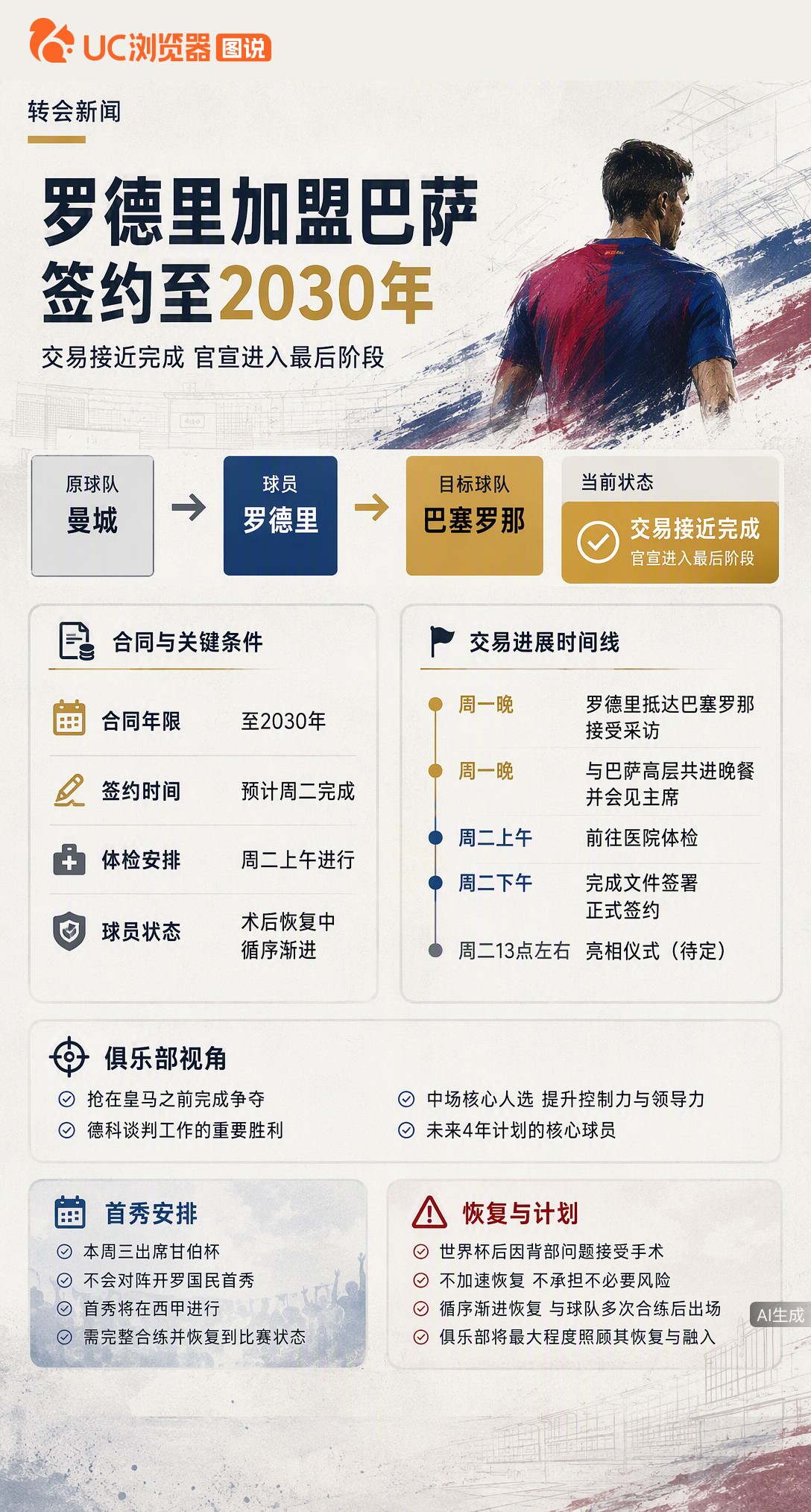 罗德里已抵巴萨签约在即，却不会在甘伯杯首秀。因背伤术后需恢复，俱乐部视其为未来核心，宁可慢也不冒进，首秀将等西甲且合练达标后再安排。