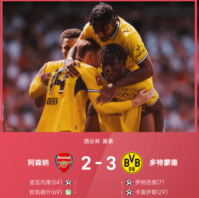 酋长杯落幕！阿森纳2-3不敌多特，无缘卫冕冠军

北京时间8月9日，2026酋长