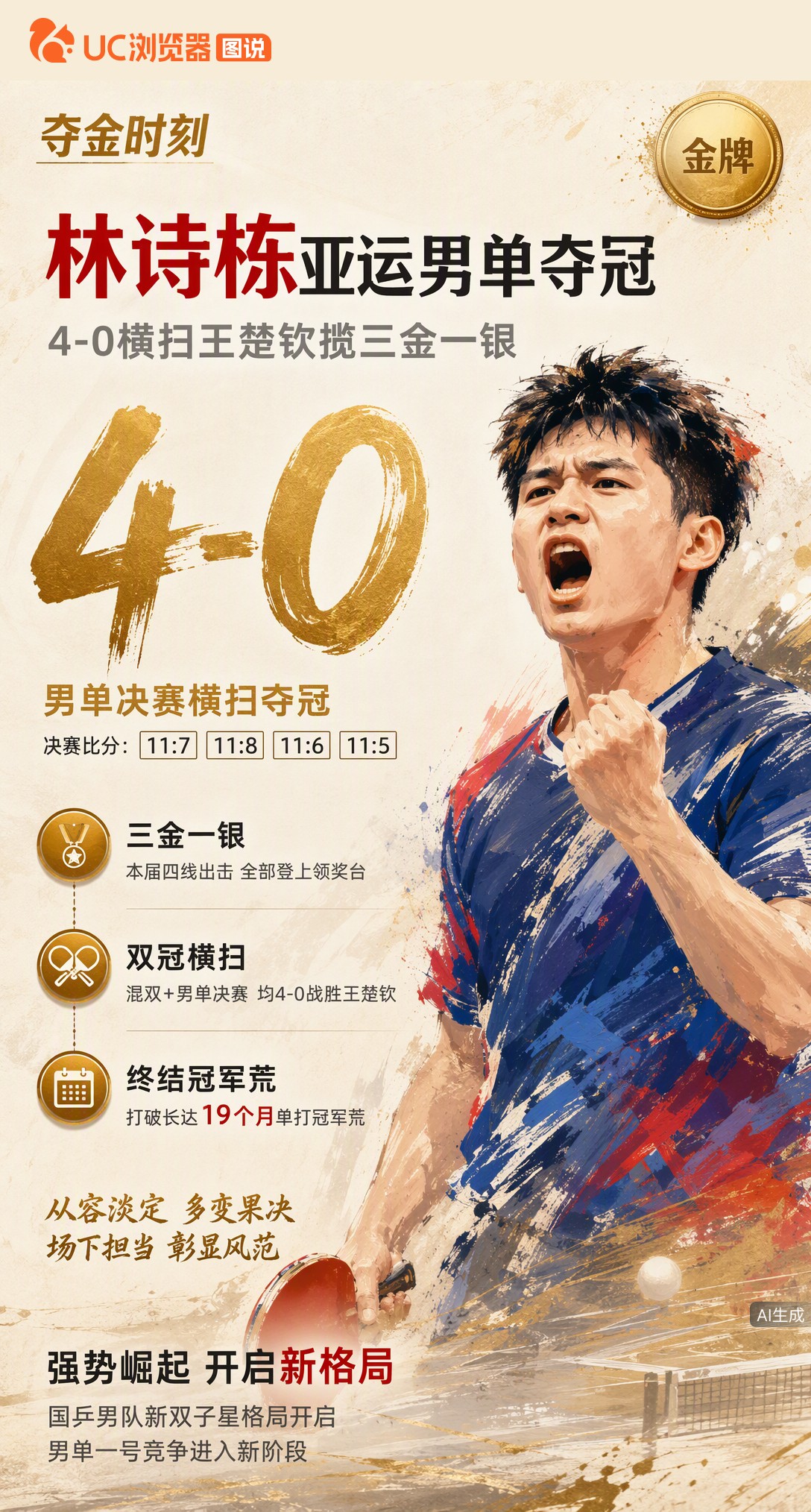 4-0横扫王楚钦！林诗栋拿下亚运男单金牌，本届狂揽三金一银。打破19个月单打冠军荒，这场完胜宣告国乒男队新竞争格局开启。
