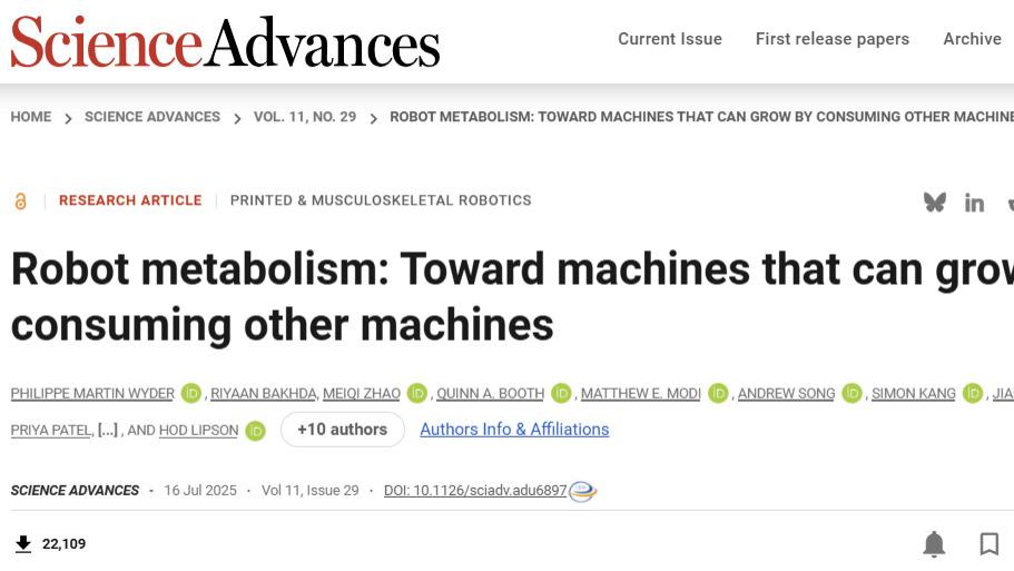 Science Advances | 机器人新陈代谢：走向可以通过消耗其他机器来成长的机器