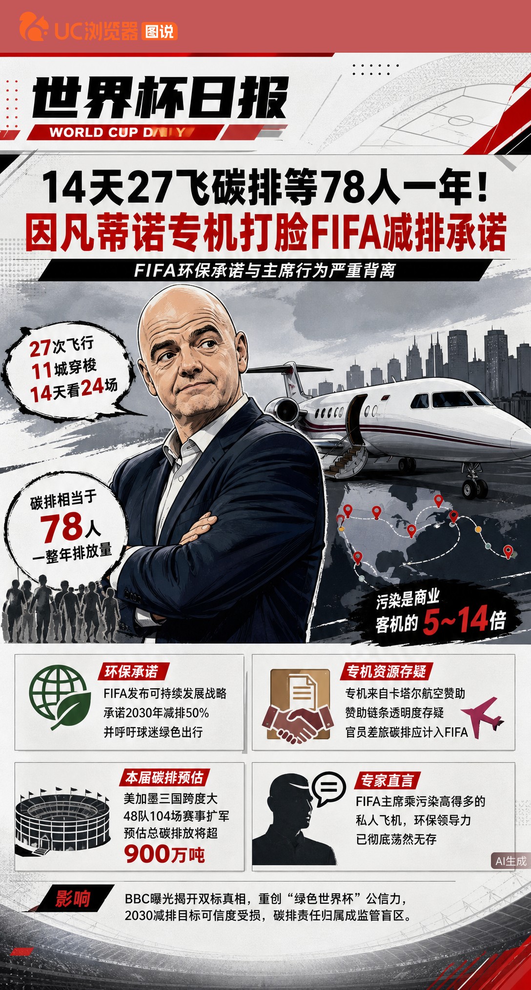 14天27飞碳排等78人一年！因凡蒂诺专机打脸FIFA减排承诺