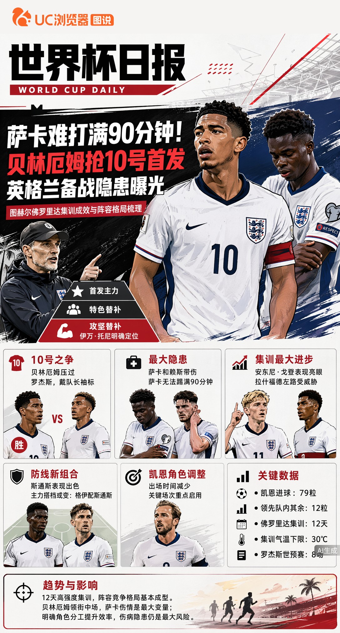 萨卡难打满90分钟！贝林厄姆抢10号首发，英格兰备战隐患曝光