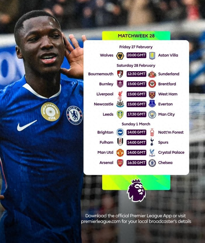 2月28日04:00至3月2日00:30，本周末将在英超迎来联赛第28轮的较量。