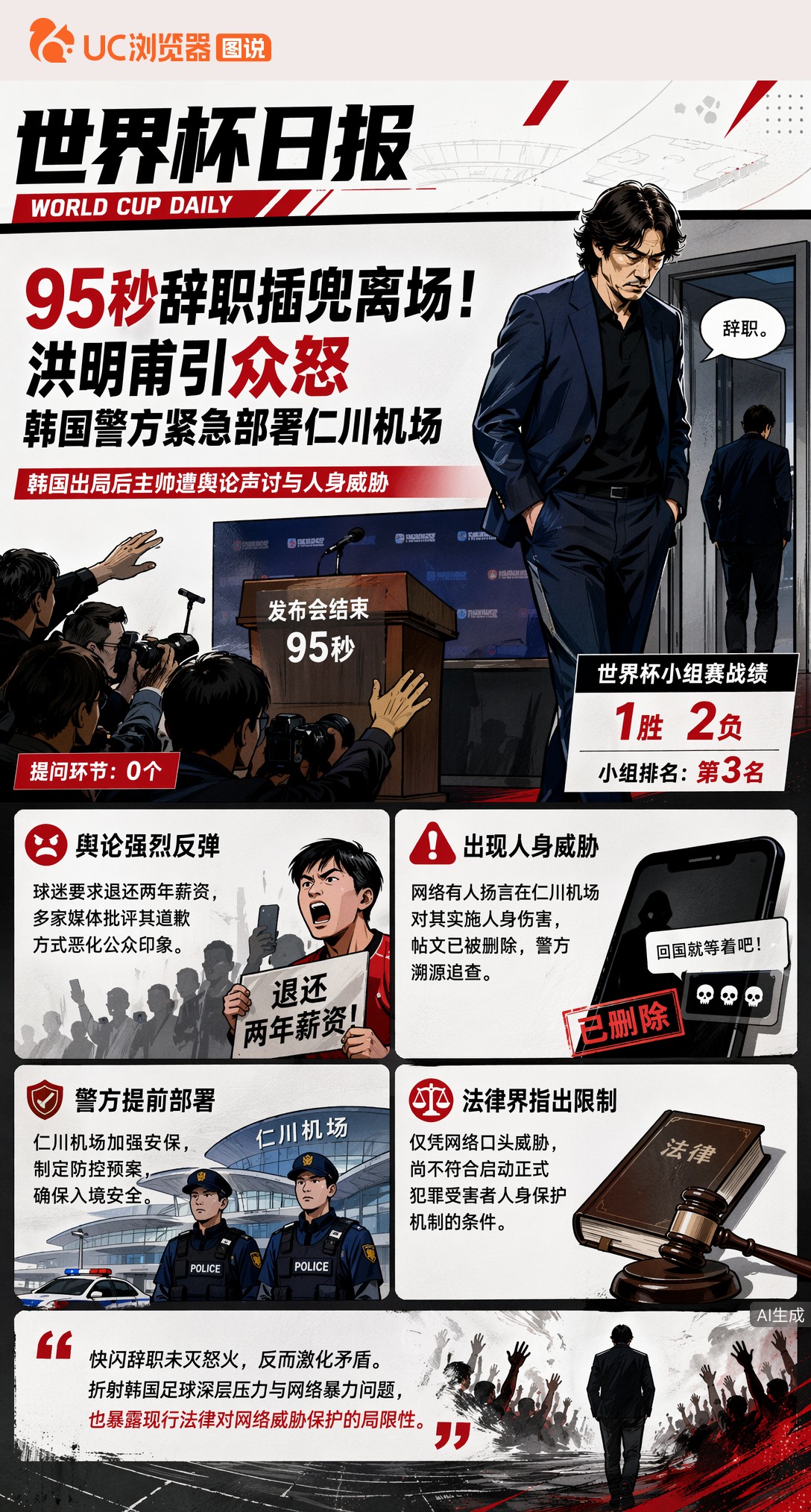 95秒辞职插兜离场！洪明甫引众怒，韩国警方紧急部署仁川机场