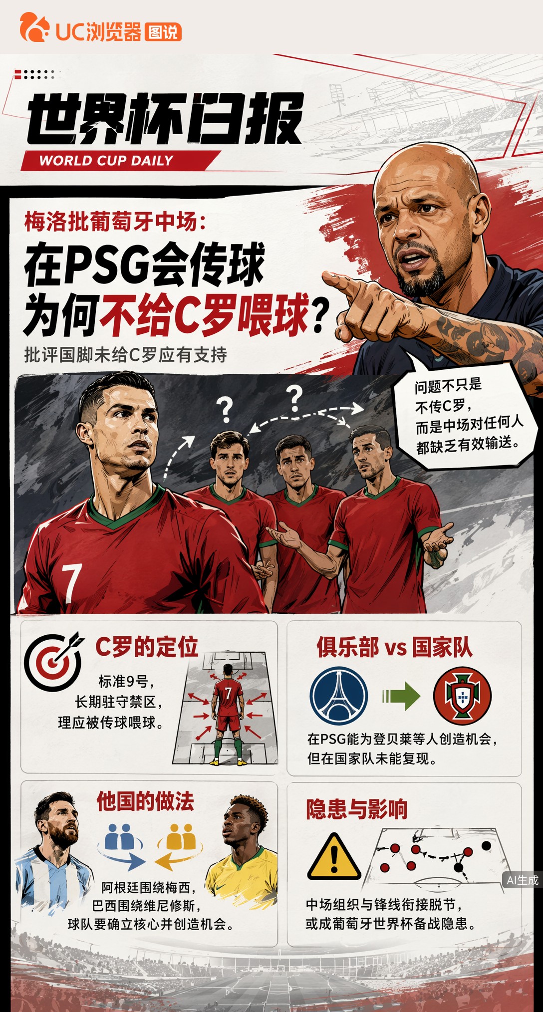 梅洛批葡萄牙中场：在PSG会传球，为何国家队不给C罗喂球？