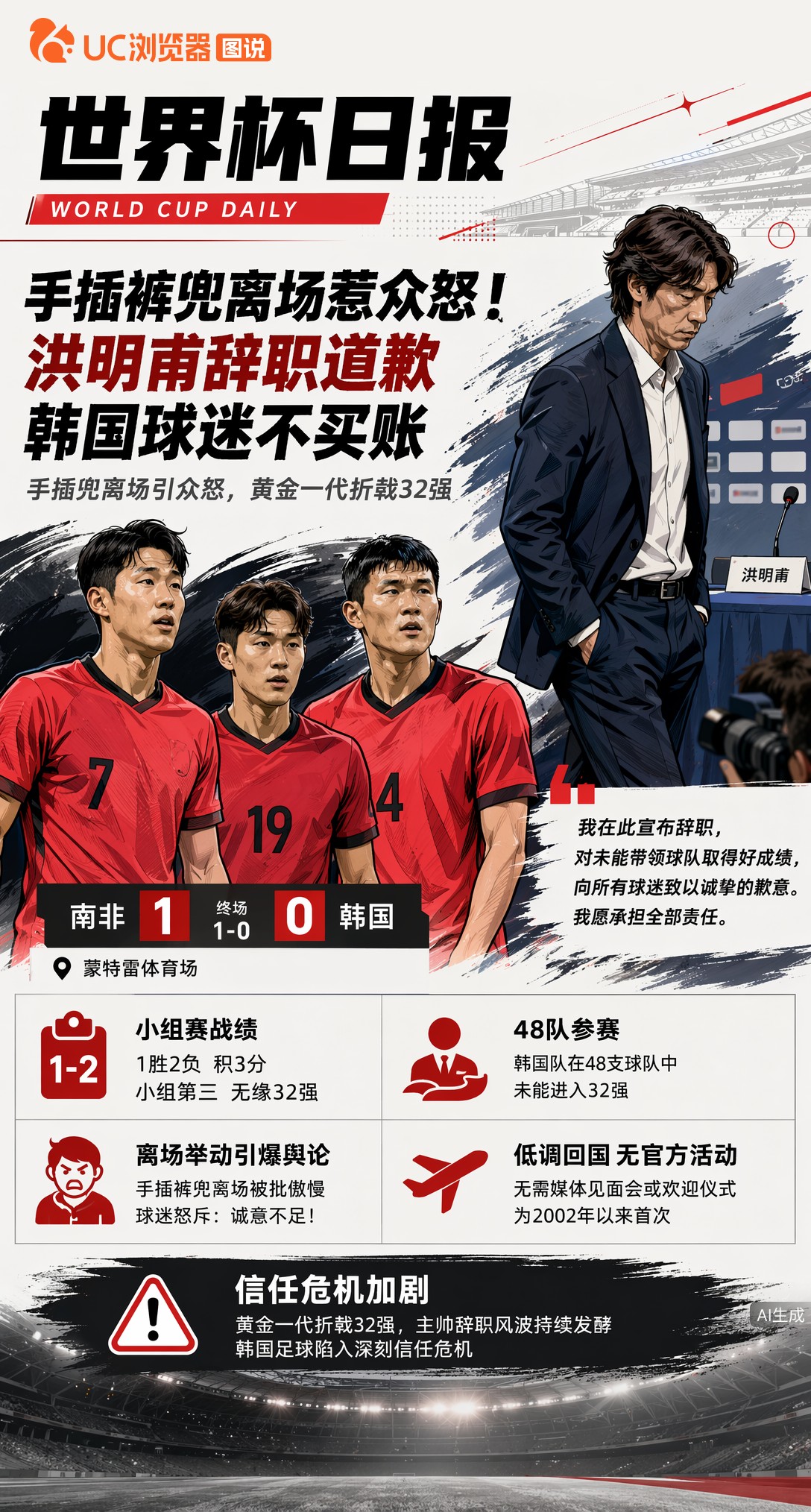 手插裤兜离场惹众怒！洪明甫辞职道歉韩国球迷不买账