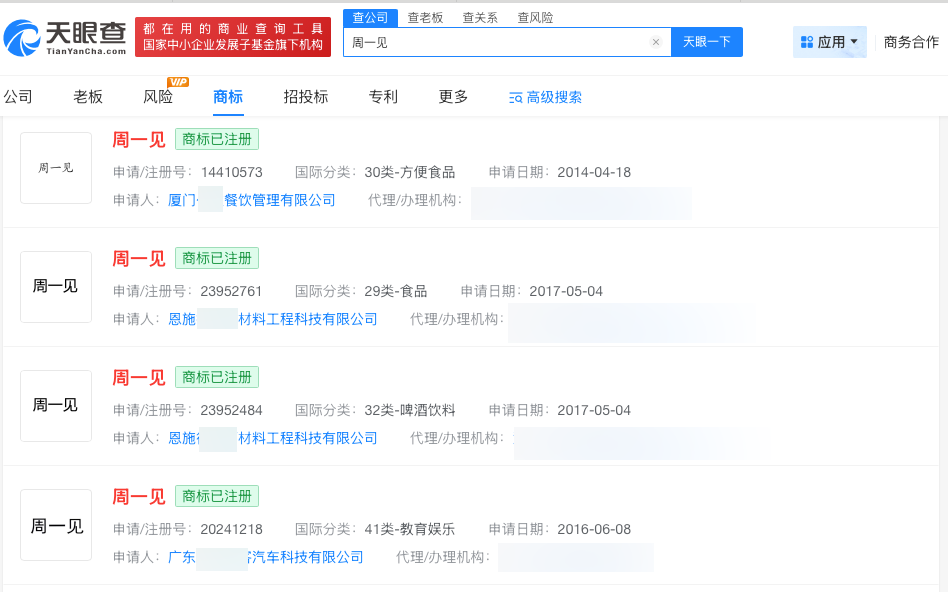 周一见已被申请注册为商标
