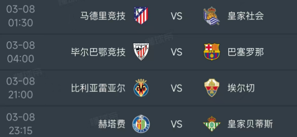 北京时间3月8日，明天的西甲第27轮赛程如下：
第一场01：30，马德里竞技PK
