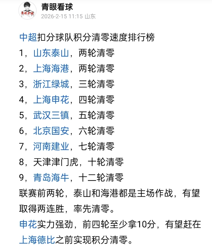 我就预测山东泰山是第一支积分清零的球队