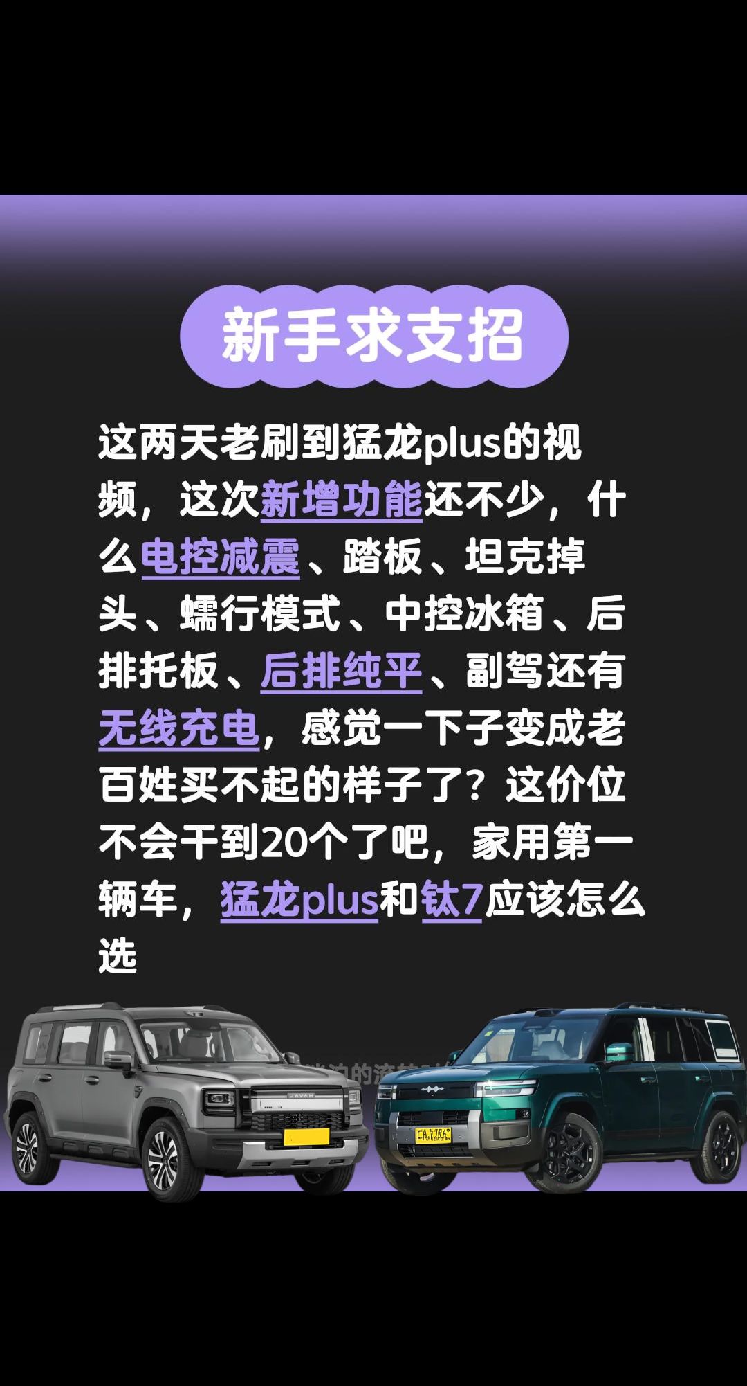 这两天老刷到猛龙plus的视频，这次新增功能还不少，什么电控减震、踏板、坦克掉头