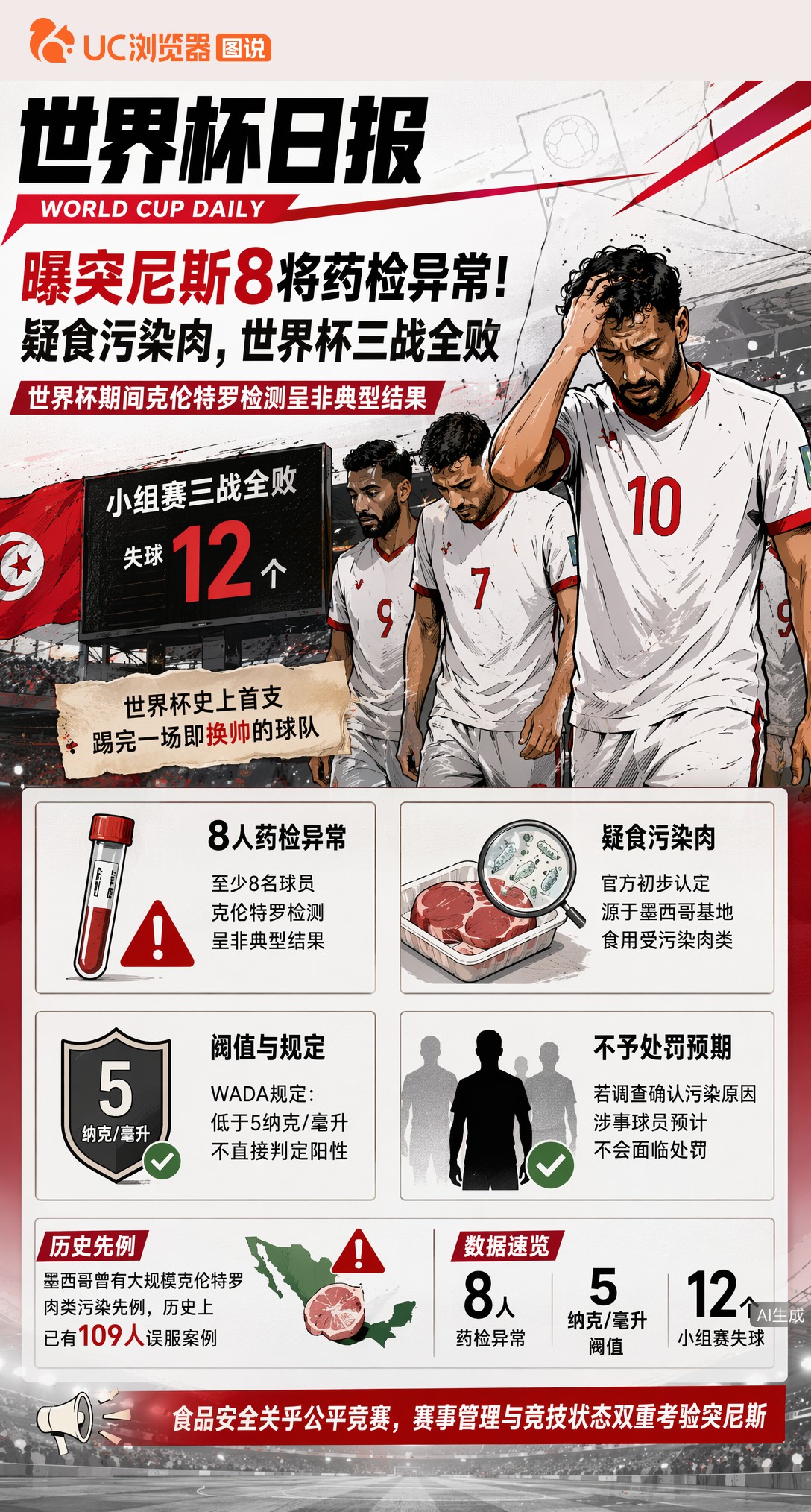 曝突尼斯8将药检异常！疑食污染肉，世界杯三战全败