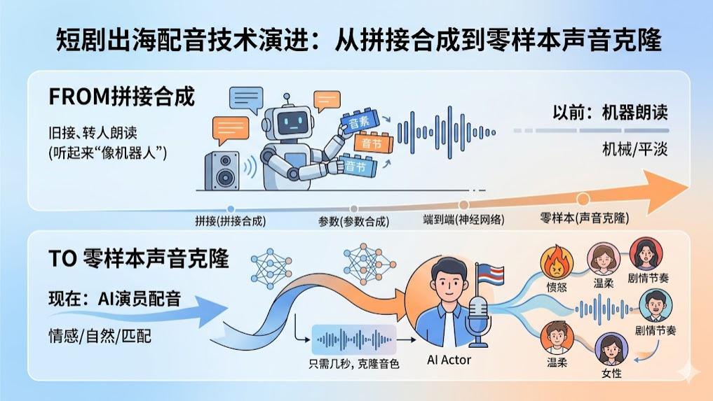 短剧出海配音技术演进：从拼接合成到零样本声音克隆
