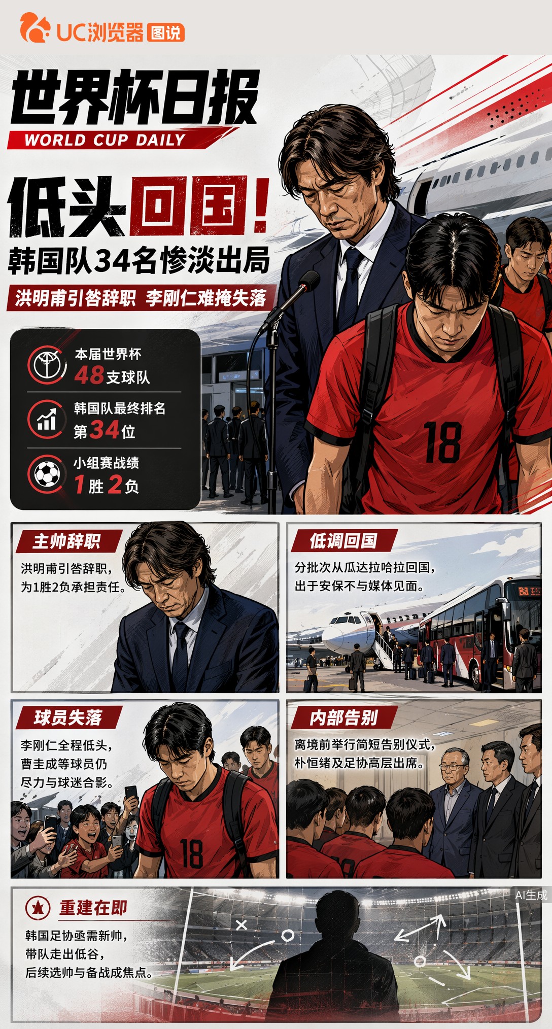 低头回国！韩国队34名惨淡出局，洪明甫引咎辞职李刚仁难掩失落