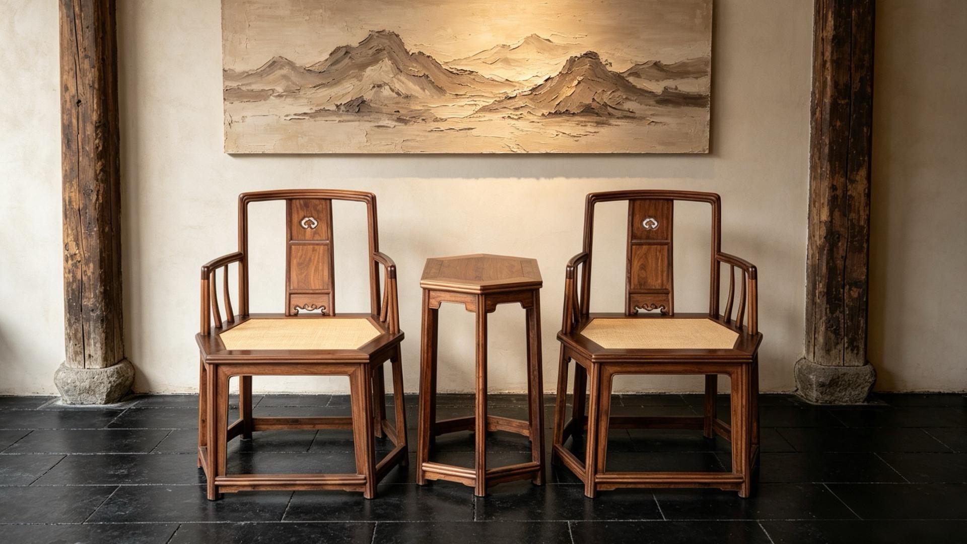 明式家具臻品，黄花梨藤面六角椅