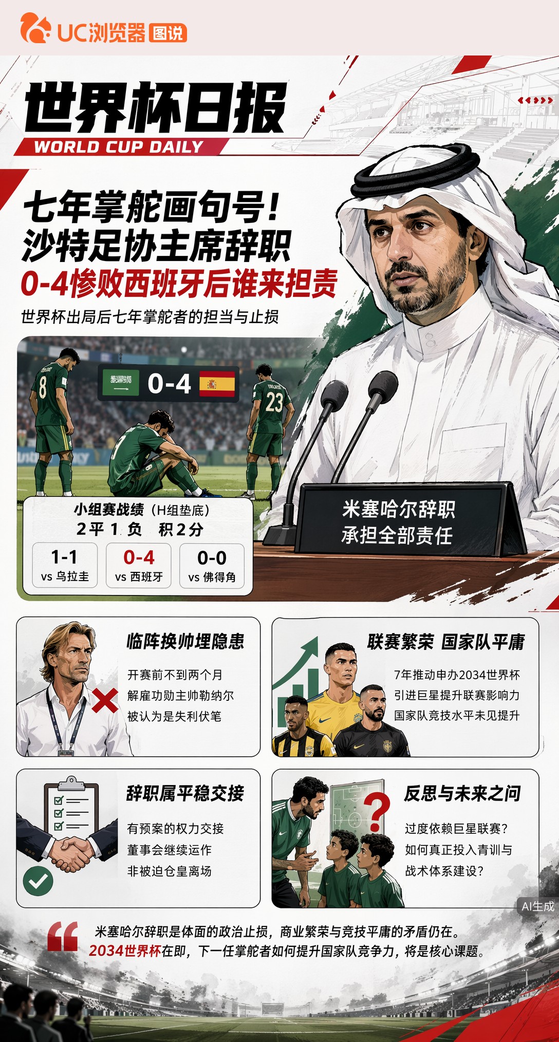 七年掌舵画句号！沙特足协主席辞职，0-4惨败西班牙后谁来担责