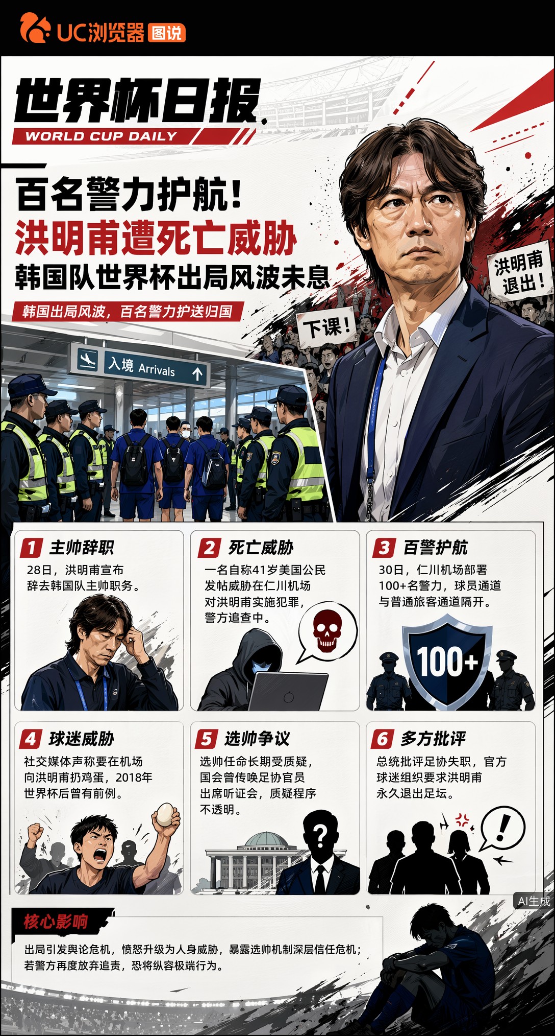 百名警力护航！洪明甫遭死亡威胁，韩国队世界杯出局风波未息