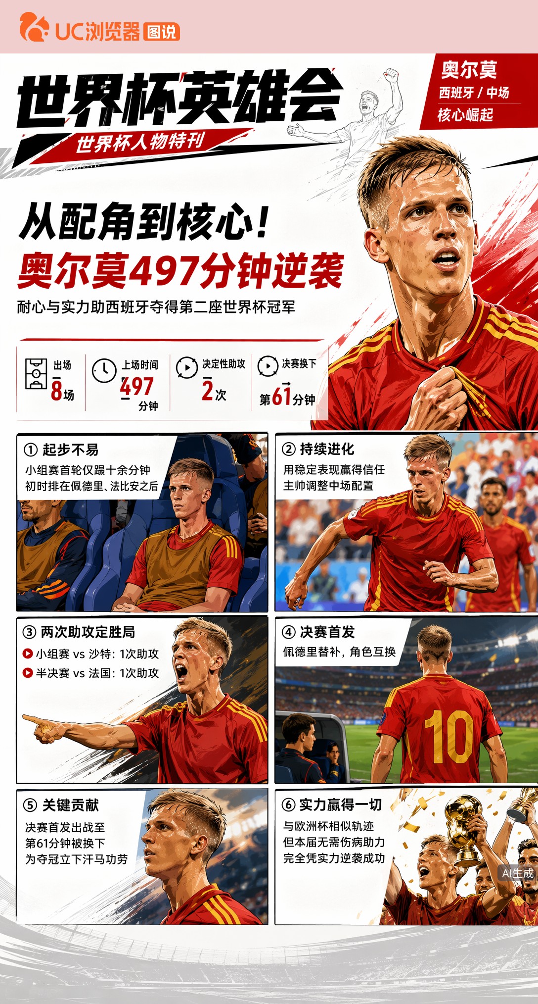从配角到核心！奥尔莫8场497分钟逆袭，西班牙世界杯冠军最大黑马