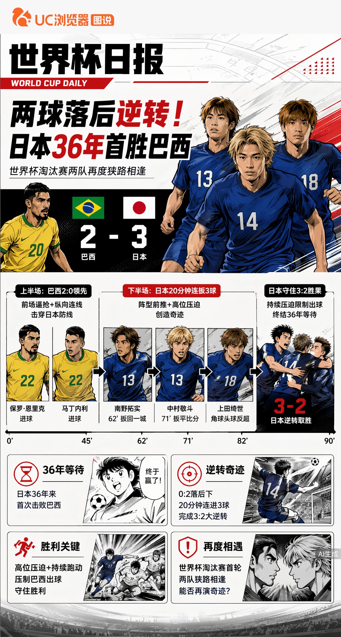 两球落后逆转！日本36年首胜巴西，世界杯生死战能否再演奇迹