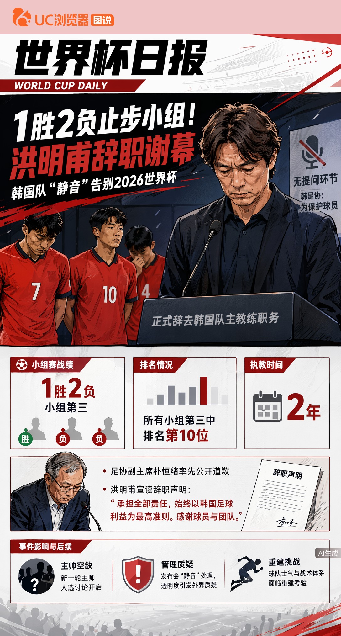 1胜2负止步小组！洪明甫辞职谢幕，韩国队"静音"告别2026世界杯
