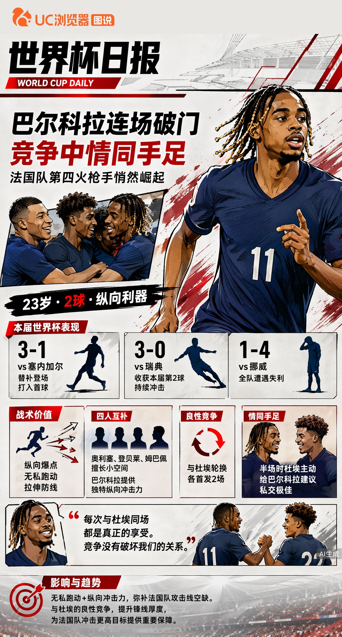 巴尔科拉世界杯连场进球，与杜埃竞争却情同手足