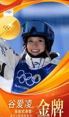 冬奥会自由式滑雪女子U型场地技巧决赛中国选手谷爱凌，夺得金牌！棒！ ​​​​
